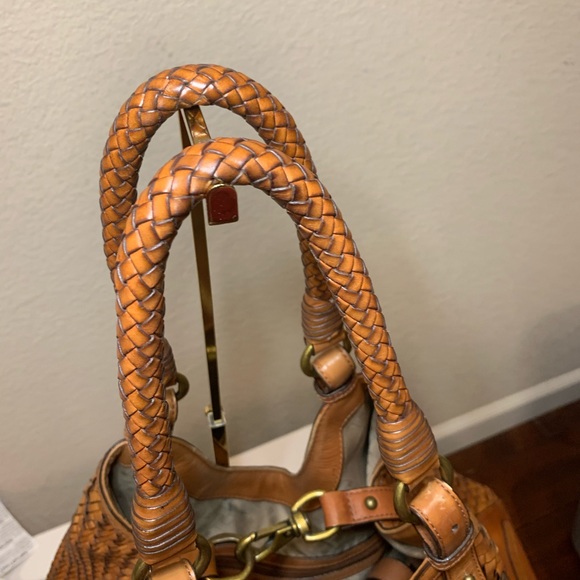 COLE HAAN Genevieve Weave Large Triangle Tote Hobo Bag Purse British Tan Cognac - Picture 4 of 11